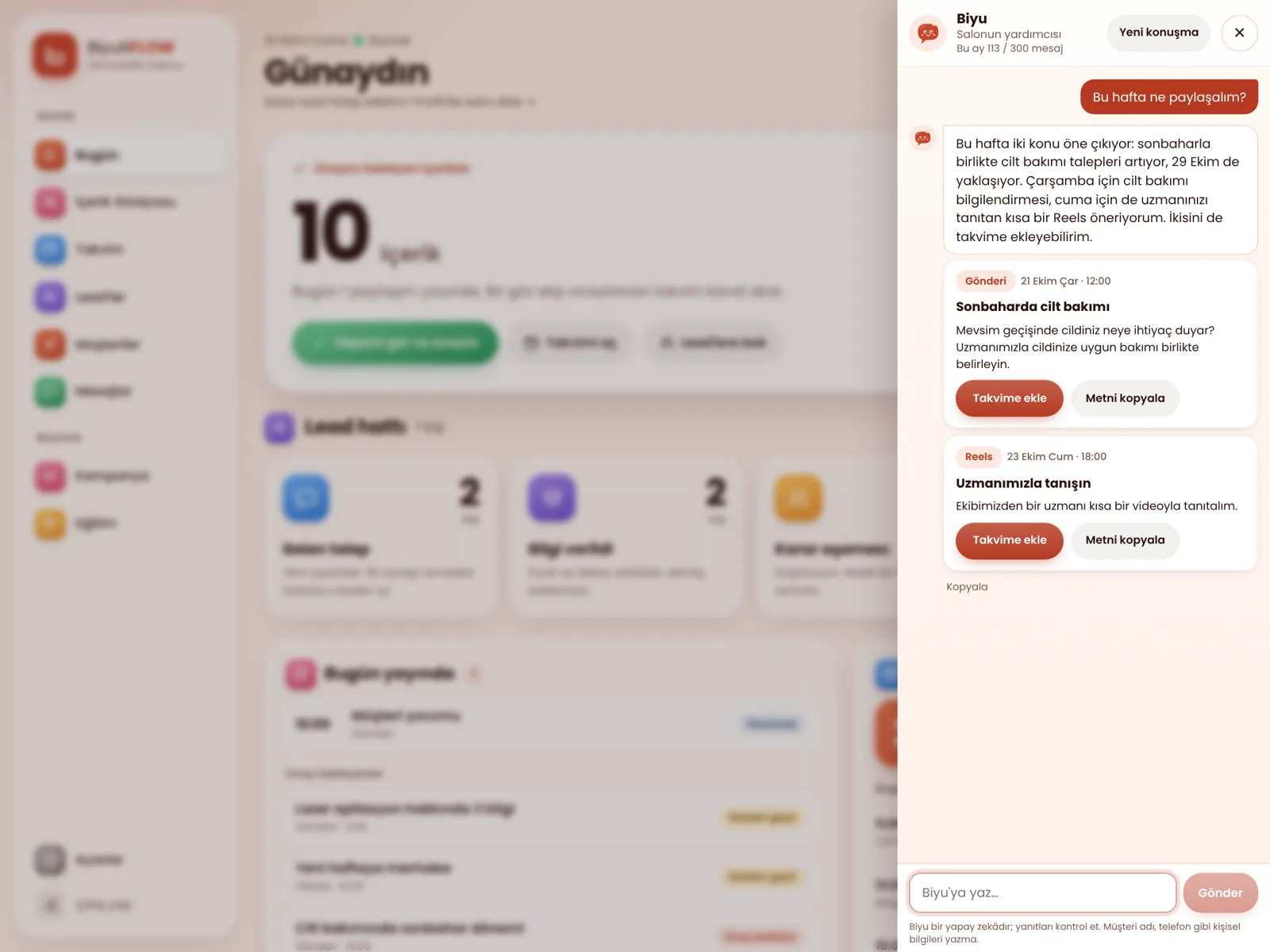 Biyu ile sohbet: haftalık içerik önerileri ve takvime ekleme