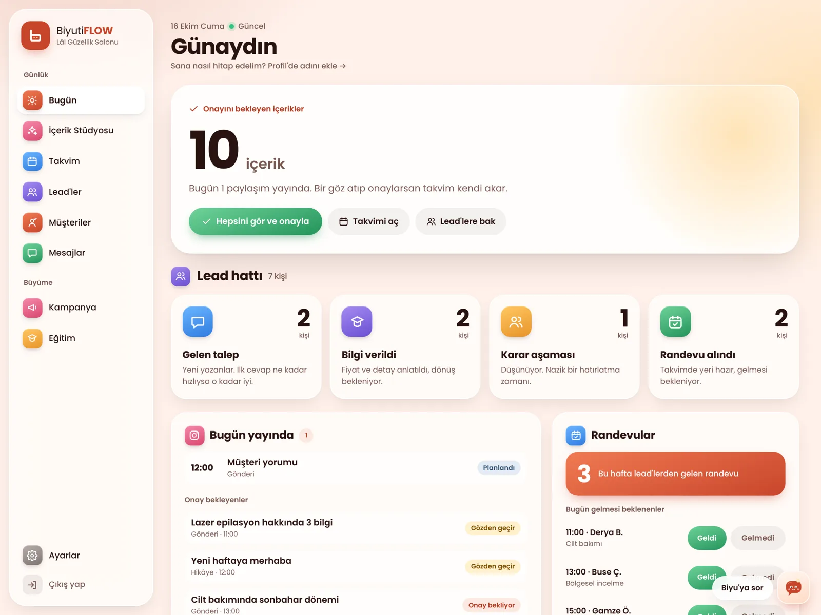 Bugün ekranı: onay bekleyen içerikler ve lead hattı özeti