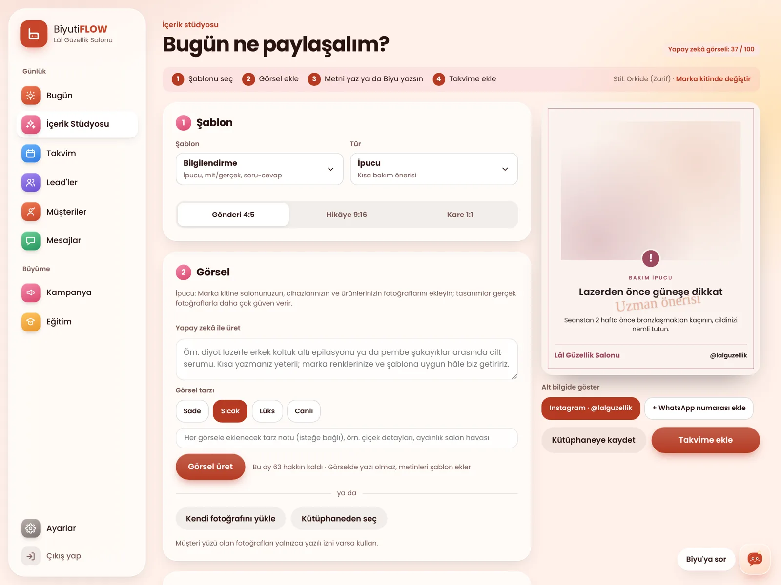 BiyutiFLOW içerik stüdyosu: şablon seçimi ve paylaşım önizlemesi